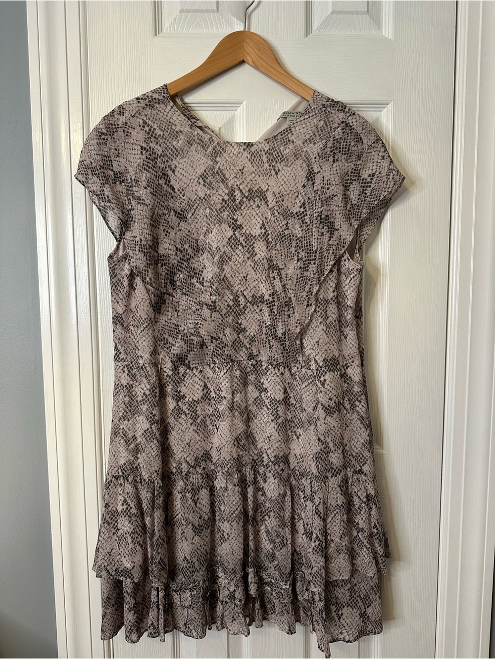 All Saints Beige and Black Snake-Print Tiered Mini Dress